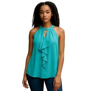 Trina Turk 100% Silk Turquoise Keyhole Ruffle Halter Blouse Sz L